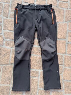 Men's Black Softshell Outdoor Pants with Orange Zip Details 36x30